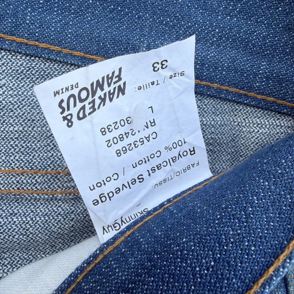 Naked & Famous Jeans Mens 33 Blue Royalcast Selvedge Denim Skinny Guy 016691